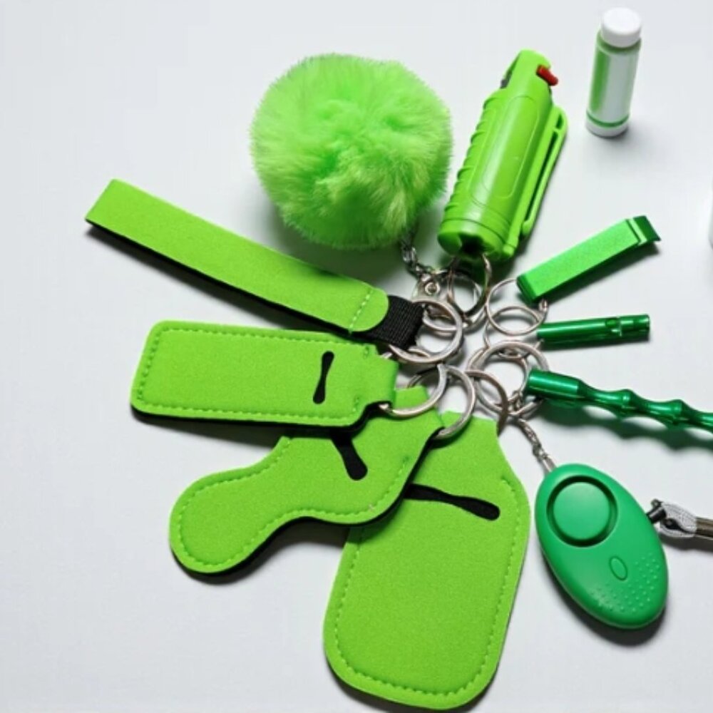 Green Safety Keychain Set - 10pcs Includes Safety Spray